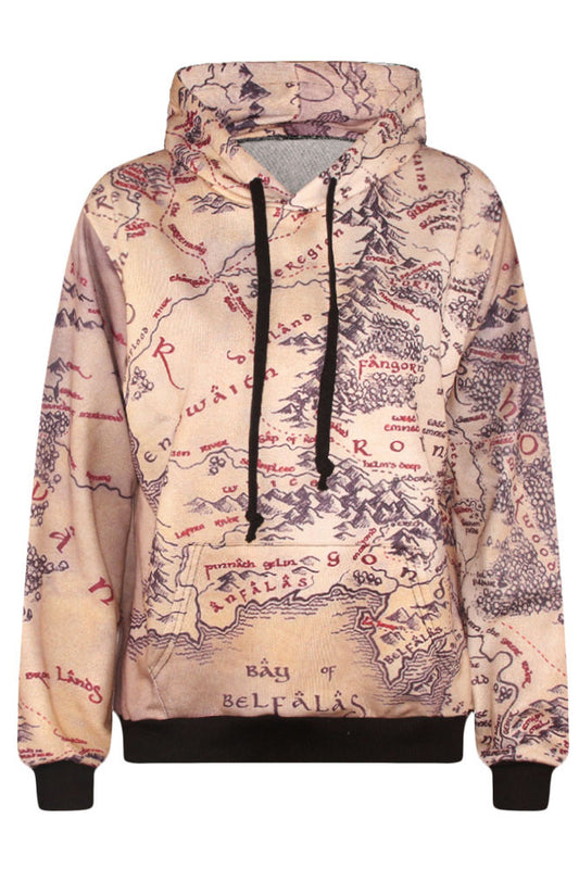 Retro Map Print Drawstring Regular Hoodie