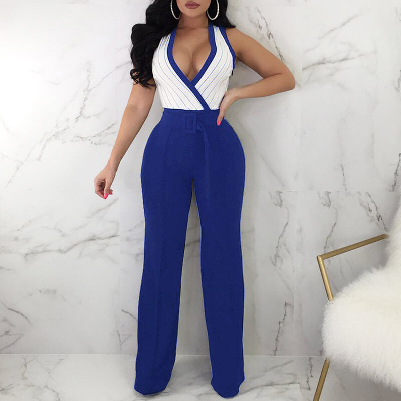 Sleeveless Wide Leg Stripe V Neck Jumpsuits