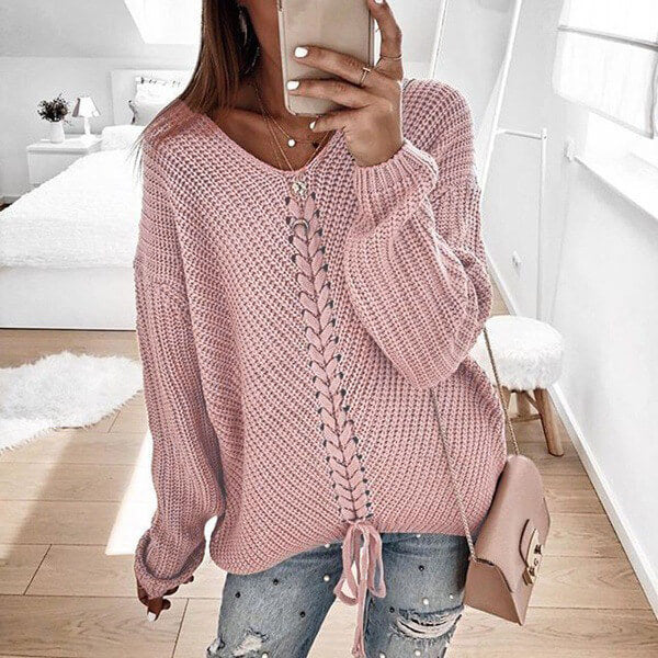 Oversized Lace-Up Dolman Sleeve Women Cozy Sweather