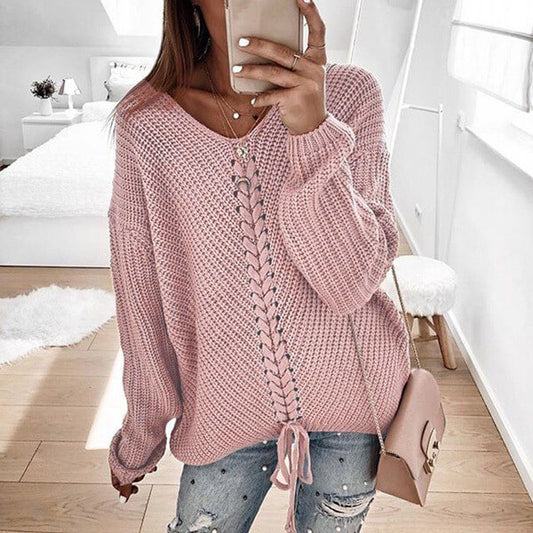 Oversized Lace-Up Dolman Sleeve Women Cozy Sweather