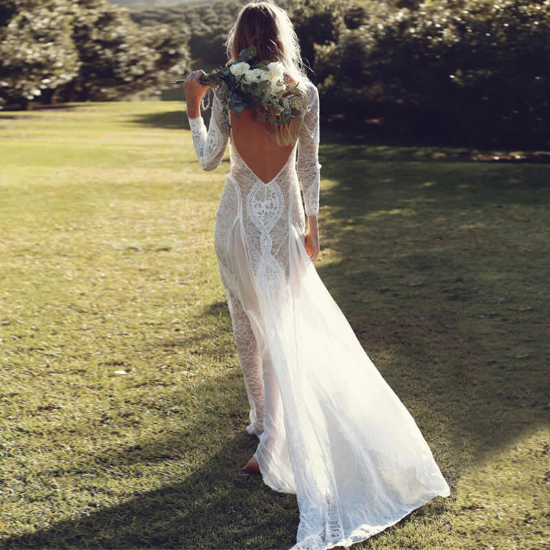 Open Back White Lace Party Long Dress