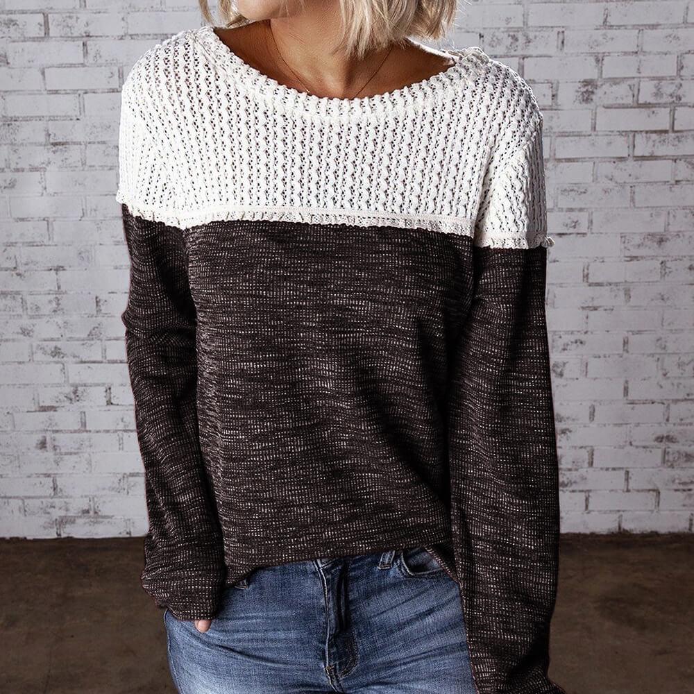 Crewneck Colorblock Hollow Out Knit Sweater