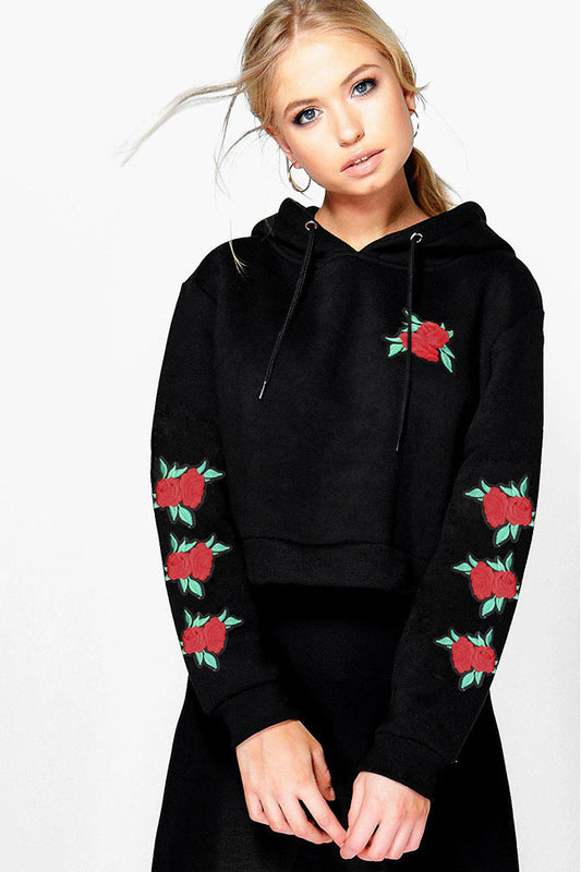 Flowers Embroidery Drawstring Crop Top Short Hoodie