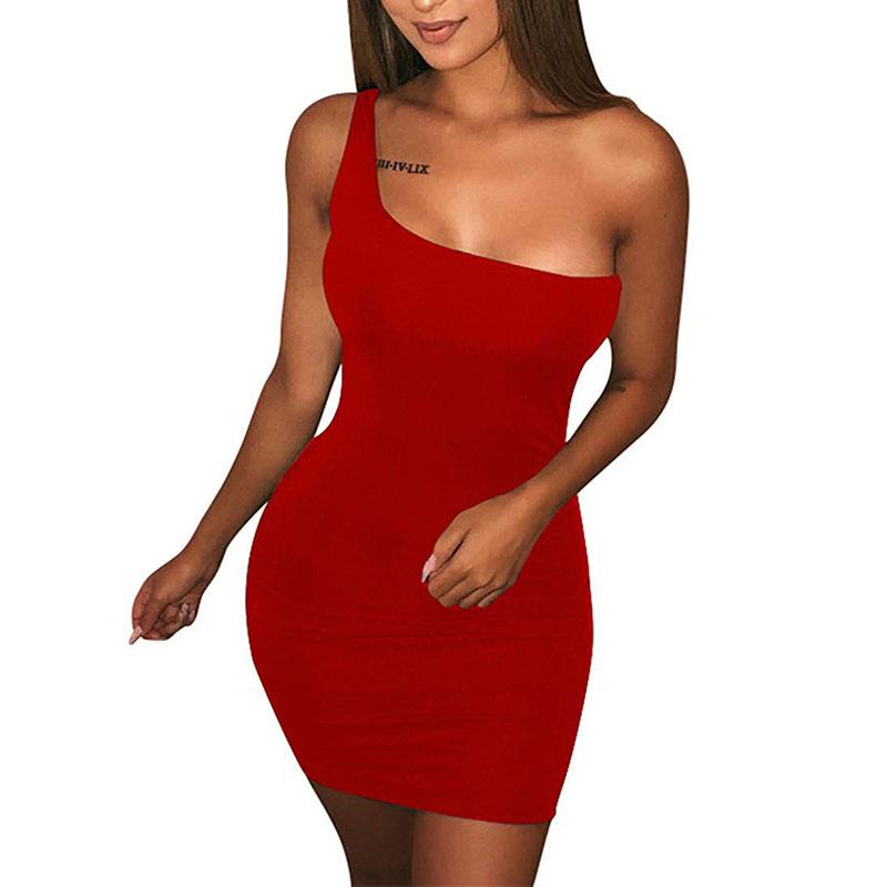 Women'S Casual Basic One Shoulder Tank Top Bodycon Long Sleeve Mini Club Dress