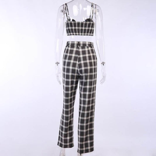 Sexy Plaid Spaghetti Strap Wide Leg Two Pieces Set