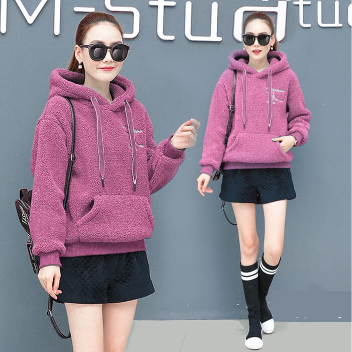 Pullover Drawstring Letter Print Pocket Teddy Hoodies