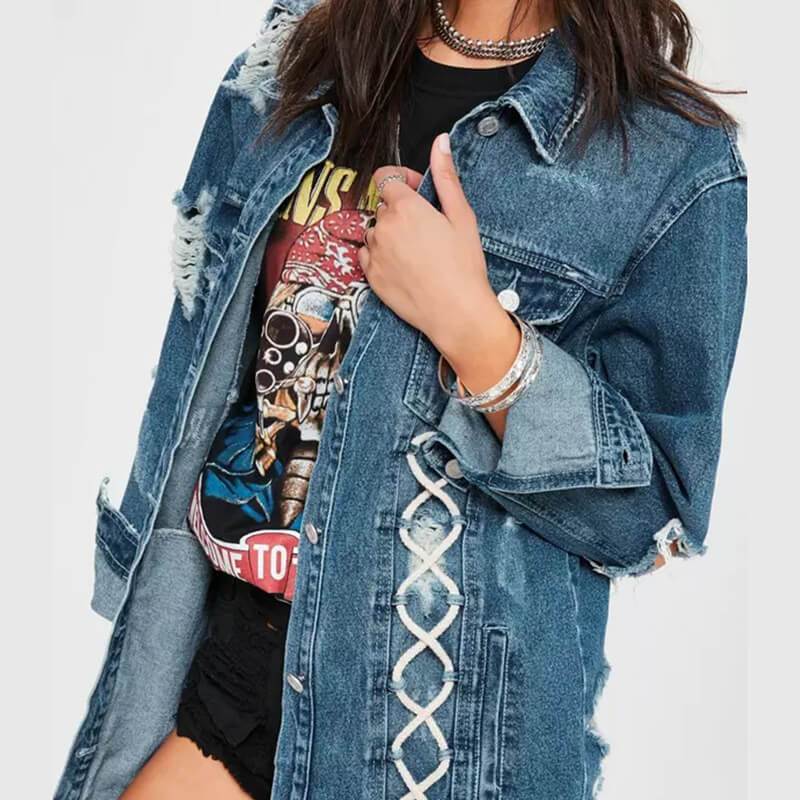 Ripped Denim Lace Up Shirt Jacket