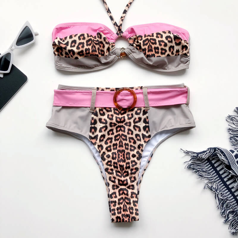 Halter Leopard Colorblock High Rise Triangle Bikinis