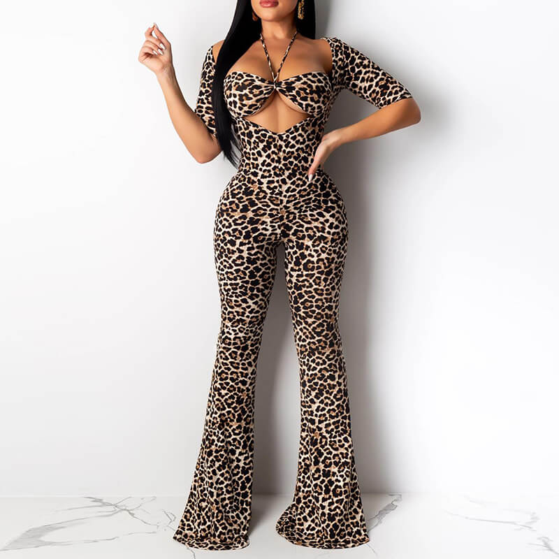 Leopard Print Pleabag Bell Bottom Jumpsuits