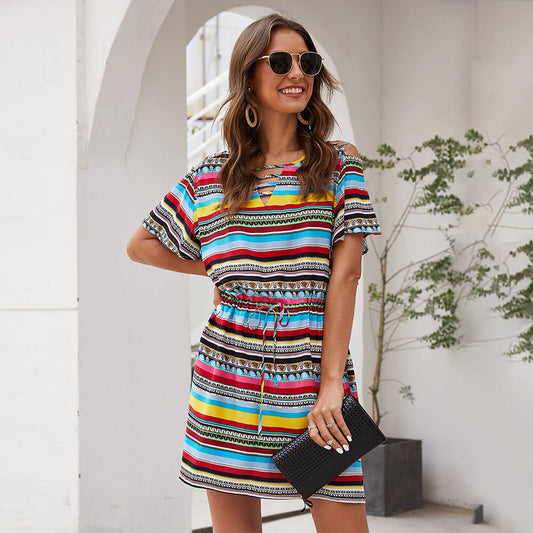 Petite Short Sleeve Striped Short Dress