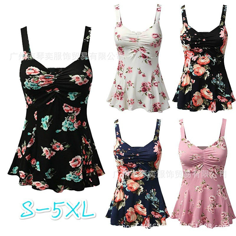 Square Straps Flower Print Sleeveless Tank Top