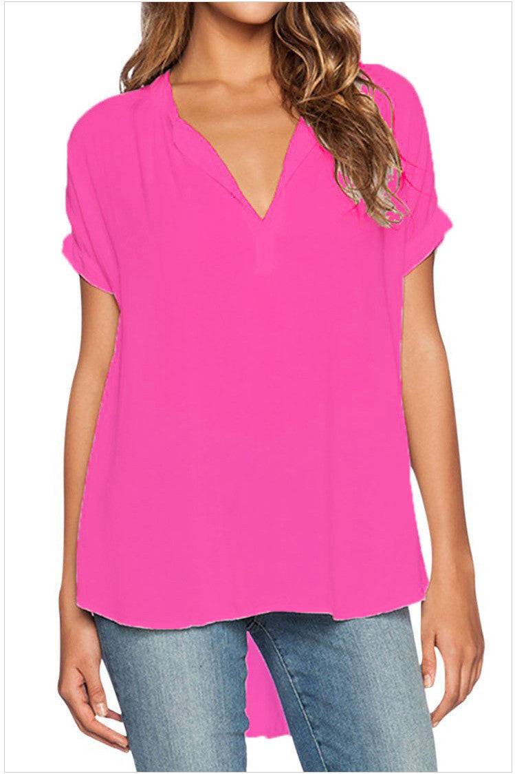 V-neck Pure Color Short Sleeves Loose Chiffon Blouse