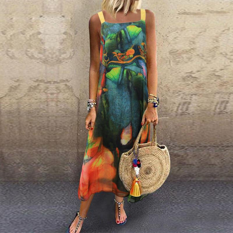 Summer Strap Printed Long Chiffon Dress