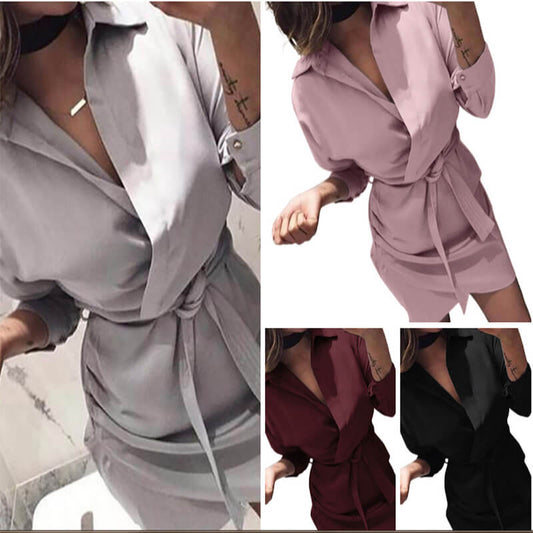 Casual Long Sleeve Belt Ruched Shirt Dress