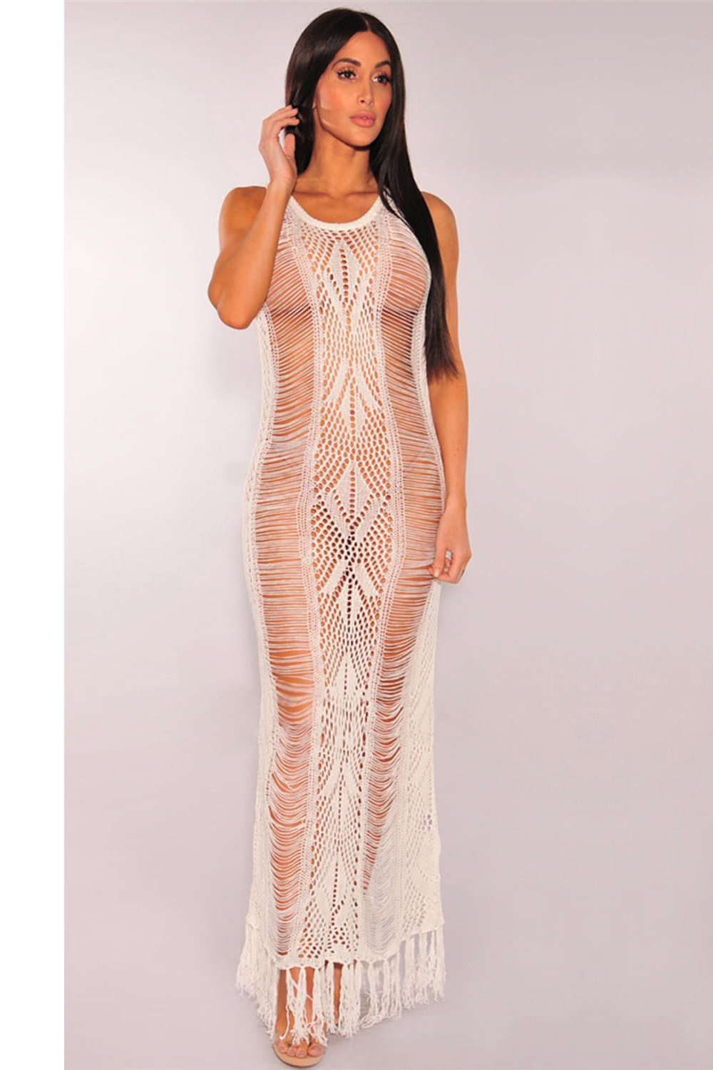 Sexy Hollow Out Tassels Transparent Long Cover Up Dress