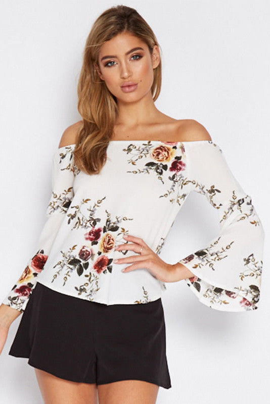 Off Shoulder Flower Print Long Trumpet Sleeves Loose Blouse