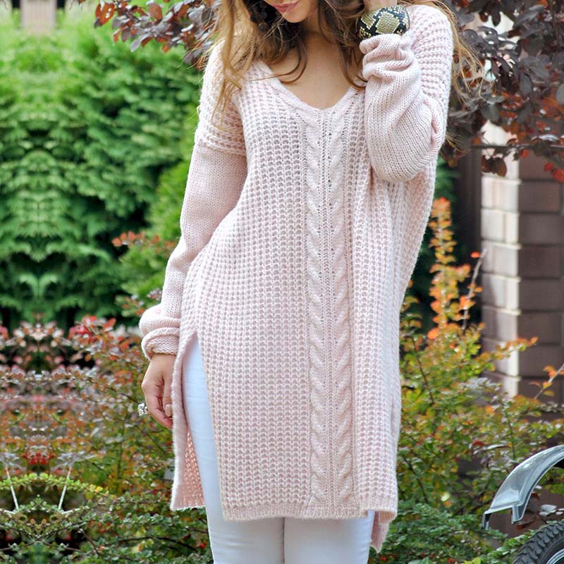 V Neck Slit Cable Knitted Oversized Sweaters