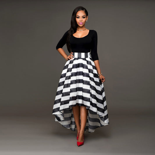 Scoop Blouse with Irregular Stripe Skirt Two Pieces Dress Set