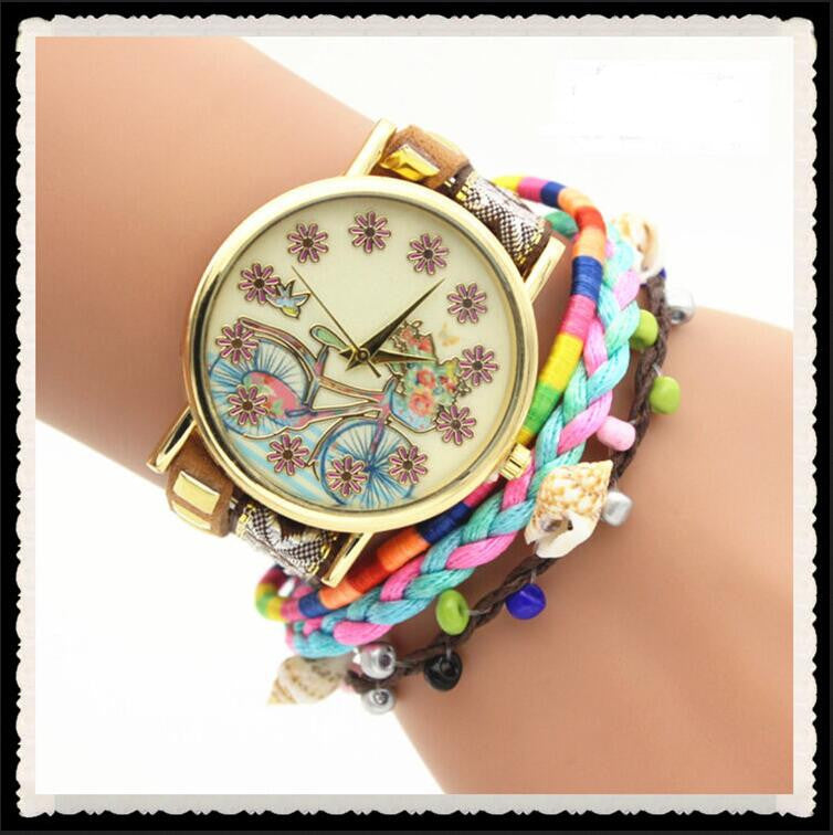 Personality Bike Print Woven Bracelet Watch