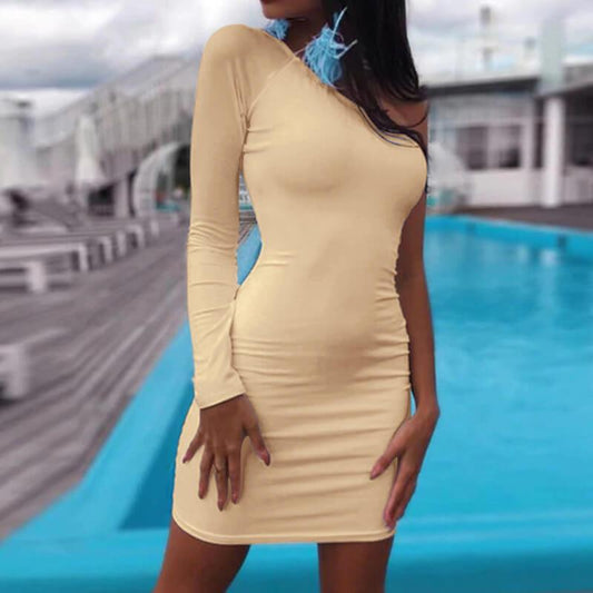 One Sleeve Slash Neck Soild Short Bodycon Dress