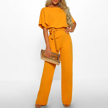 Short Sleeves Belt Wide Leg Jumpsuit