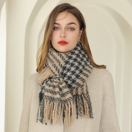 Imitated Cashmere Houndstooth Tassled Shawl Scarf