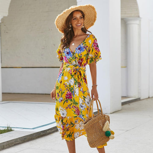 Retro Floral Tie Waist Midi Dress