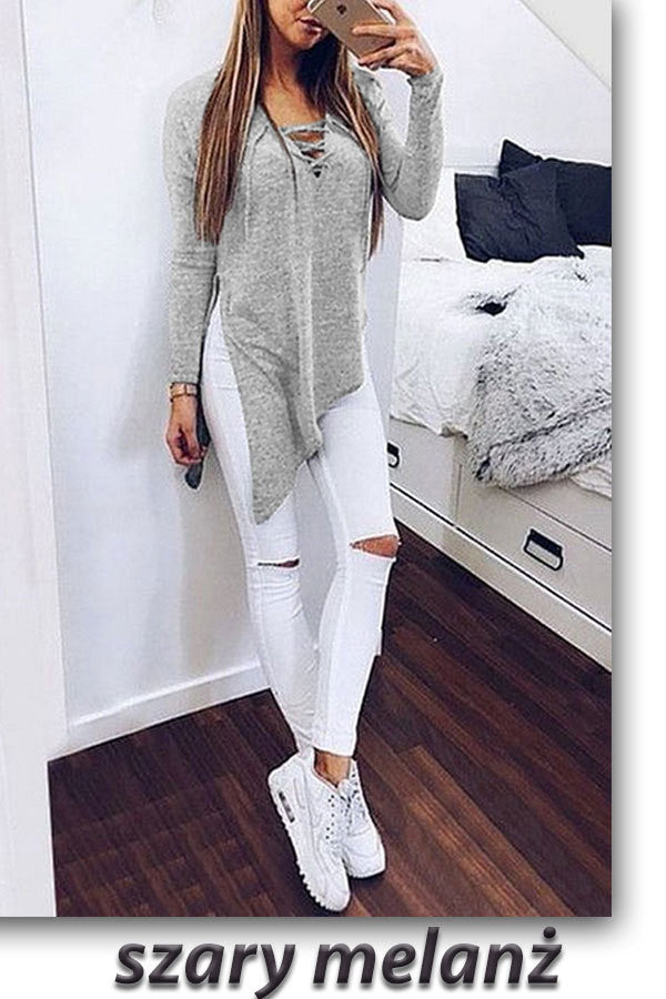 Irregular V-neck Pure Color Long Sleeves Long Blouse