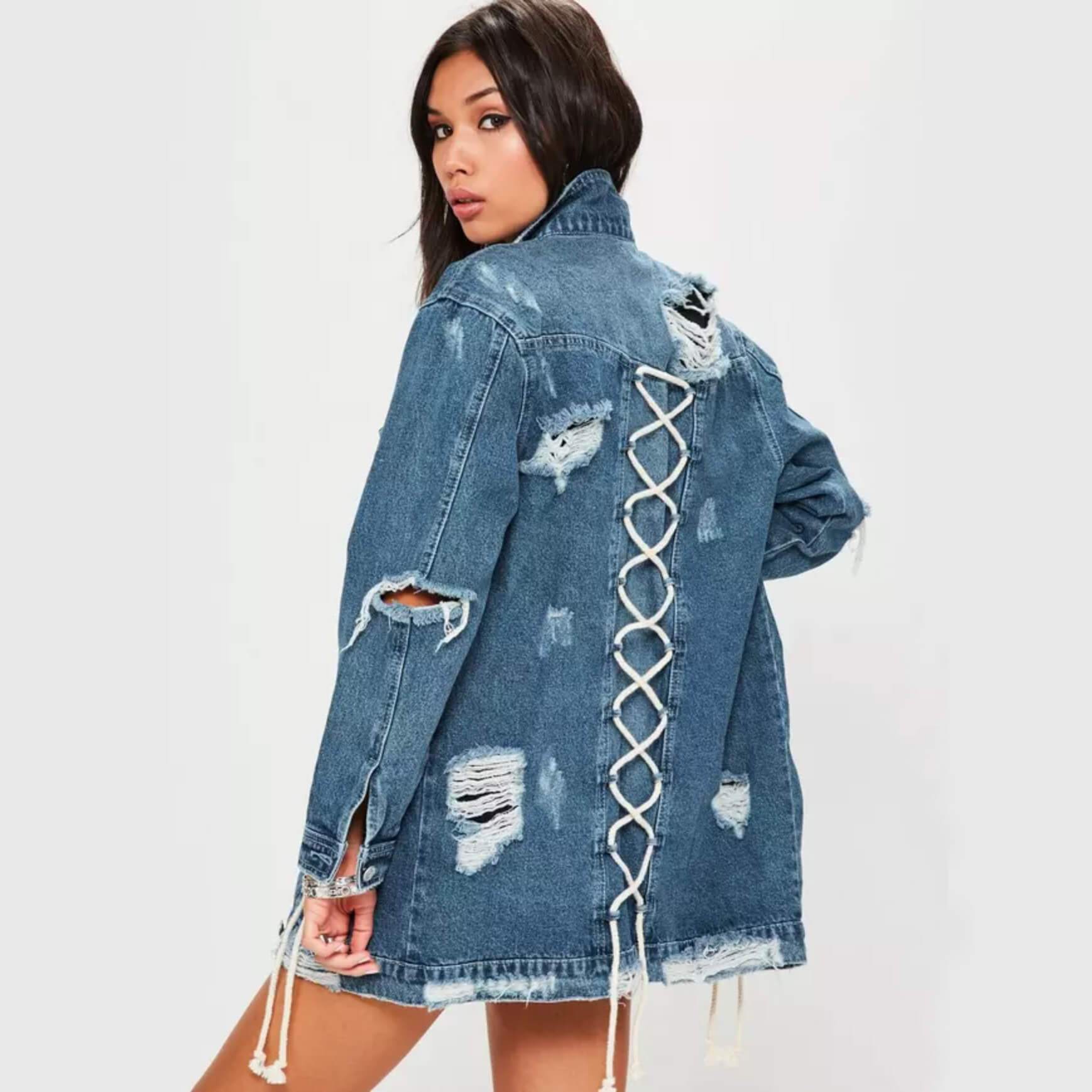 Ripped Denim Lace Up Shirt Jacket