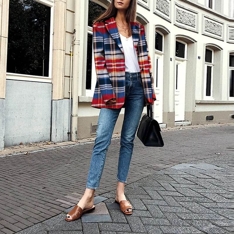 Lapel Colorblock Plaid Midi Blazer