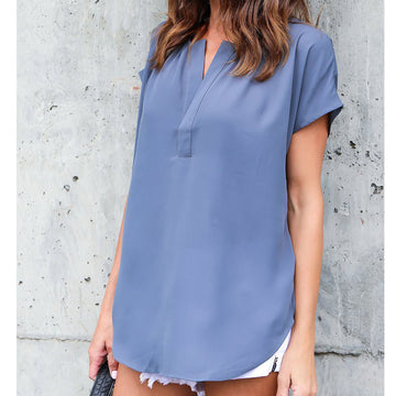 Short Sleeves V-neck Pure Color Chiffon Blouse