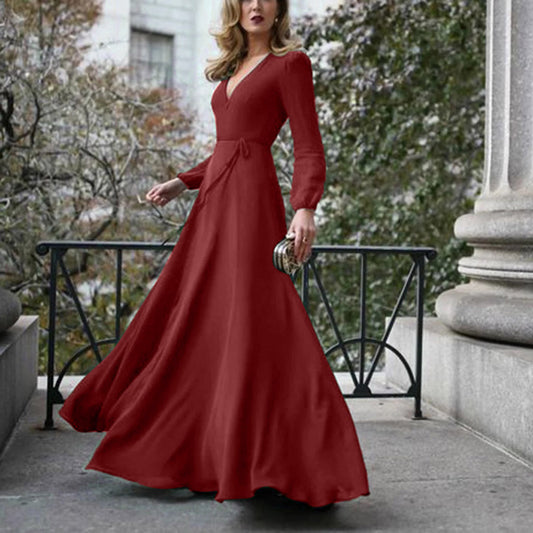 Long Sleeve V Neck High Waist Maxi Dress