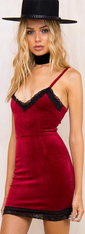 Velvet Lace Spaghetti Strap Bodycon Short Dress