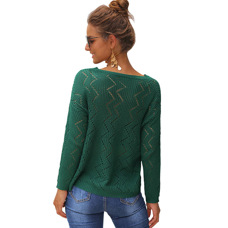 Crew Neck Hollowed Pure Color Sweater 