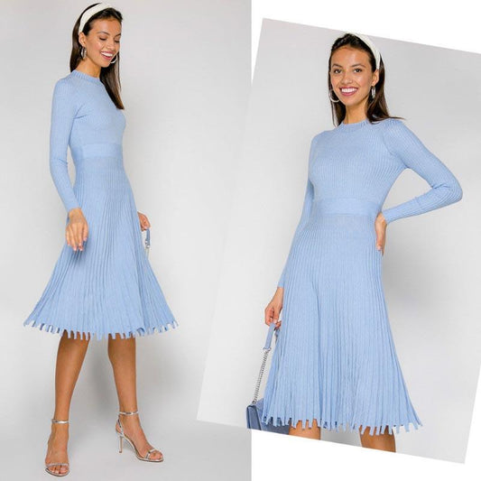 Long Sleeve Knitted Midi Pleated Dress