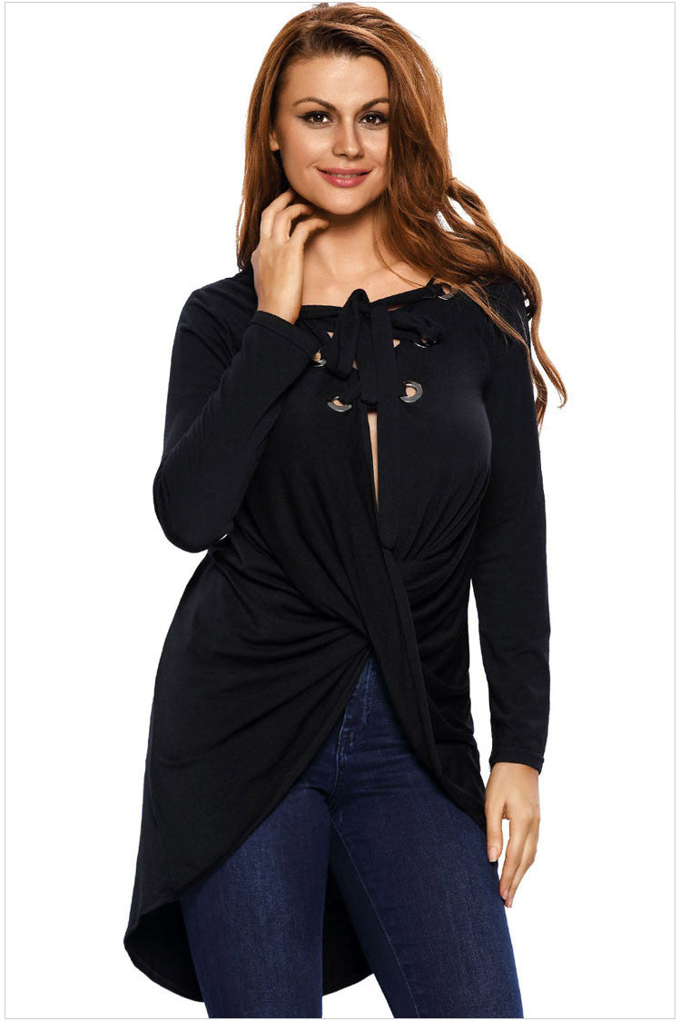 V-neck Straps Irregular Long Sleeves Long Blouse