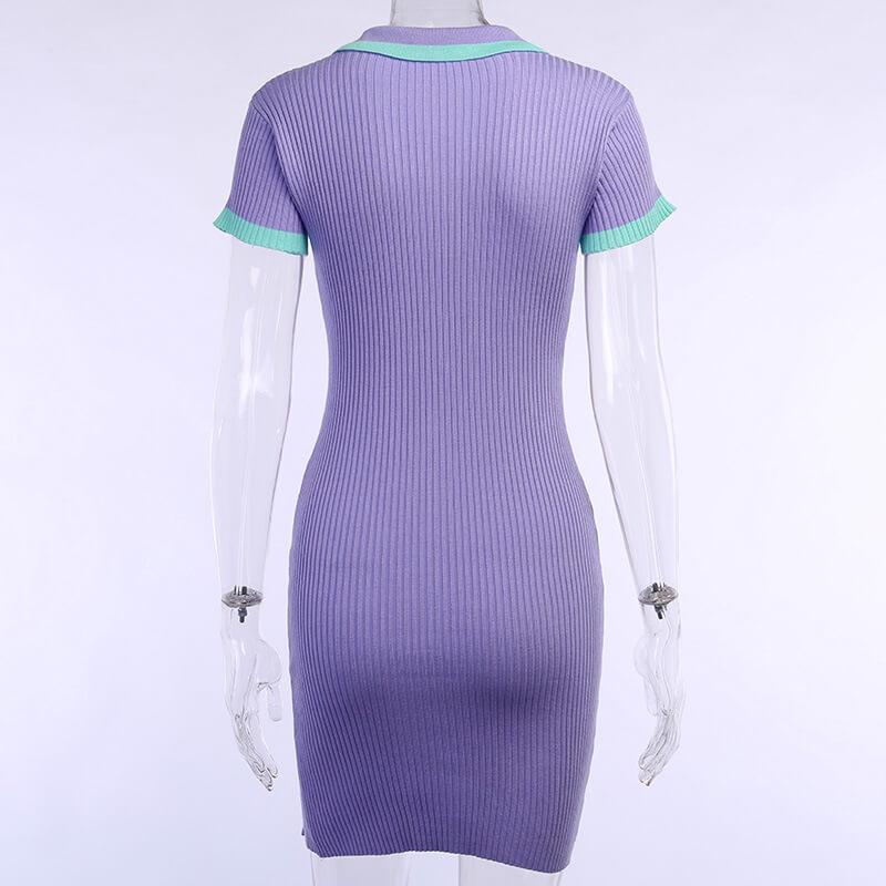 Polo Neck Slits Ribbed Bodycon Short Dress