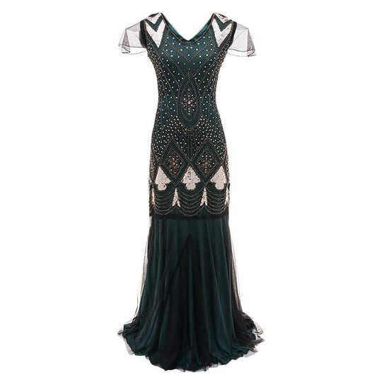 Sequin Mesh Patchwork Tuxedo Maxi Dress