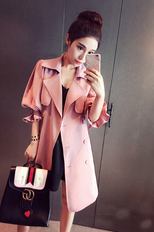 Lapel Strap Belt Bowknot Long Lantern Sleeves Slim Long Coat