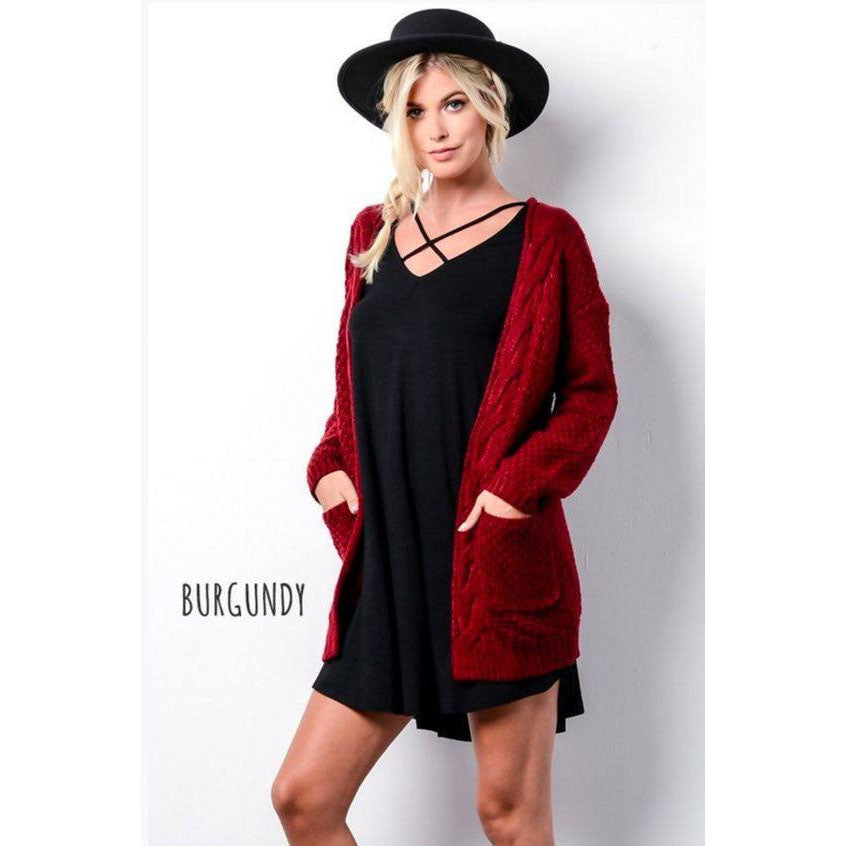 Cable Pockets Solid Color Long Cardigan