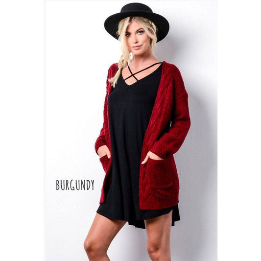 Cable Pockets Solid Color Long Cardigan