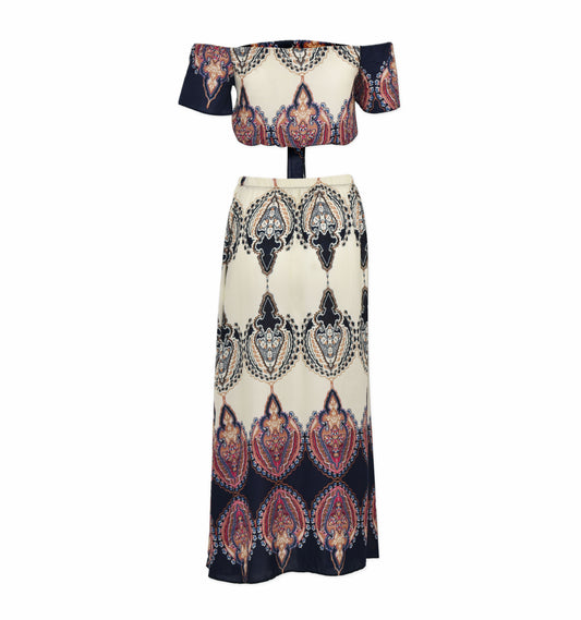 Retro Print Off Shoulder Short Sleeves Crop Top with Long Skirt Two Pieces Dress Set