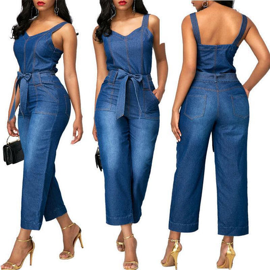 Wide Leg Low Collar Jeans Jumpsuit