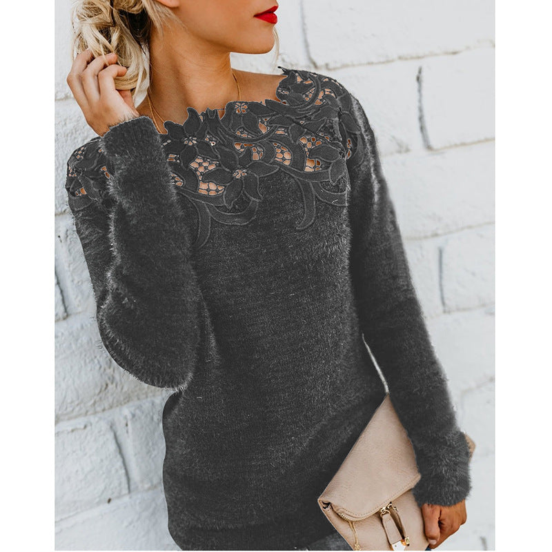 Lace Patchwork Hollow Out Candy Color Women Slim Sweater