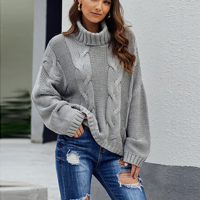 Turtleneck Chunky Pure Color Slouchy Sweater