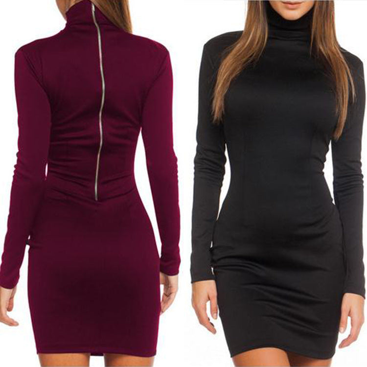  High Neck Long Sleeves Short Bodycon Dress