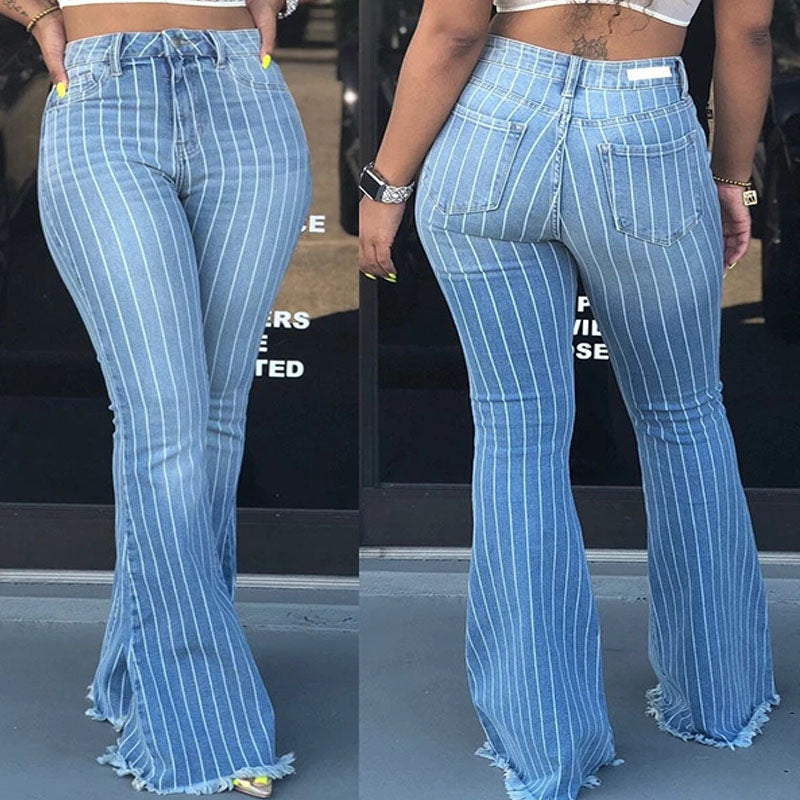 Flare High Waist Stretch Stripes Bodycon Denim Pants