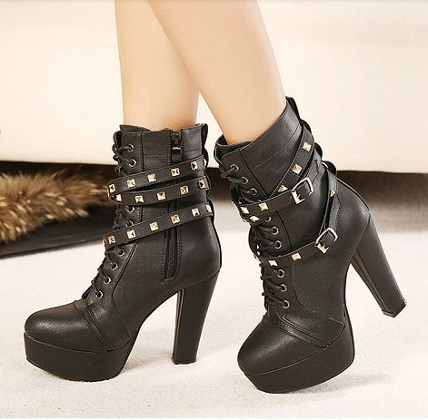 Round Toe Platform Rivets Lace Up High Heels Short Boots