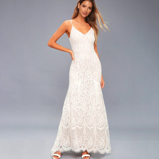 White Lace Spaghetti Strap Backless Maxi Dress