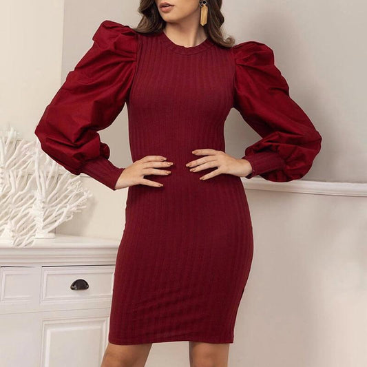 Leg Of Mutton Sleeve Ribbed Short Dress